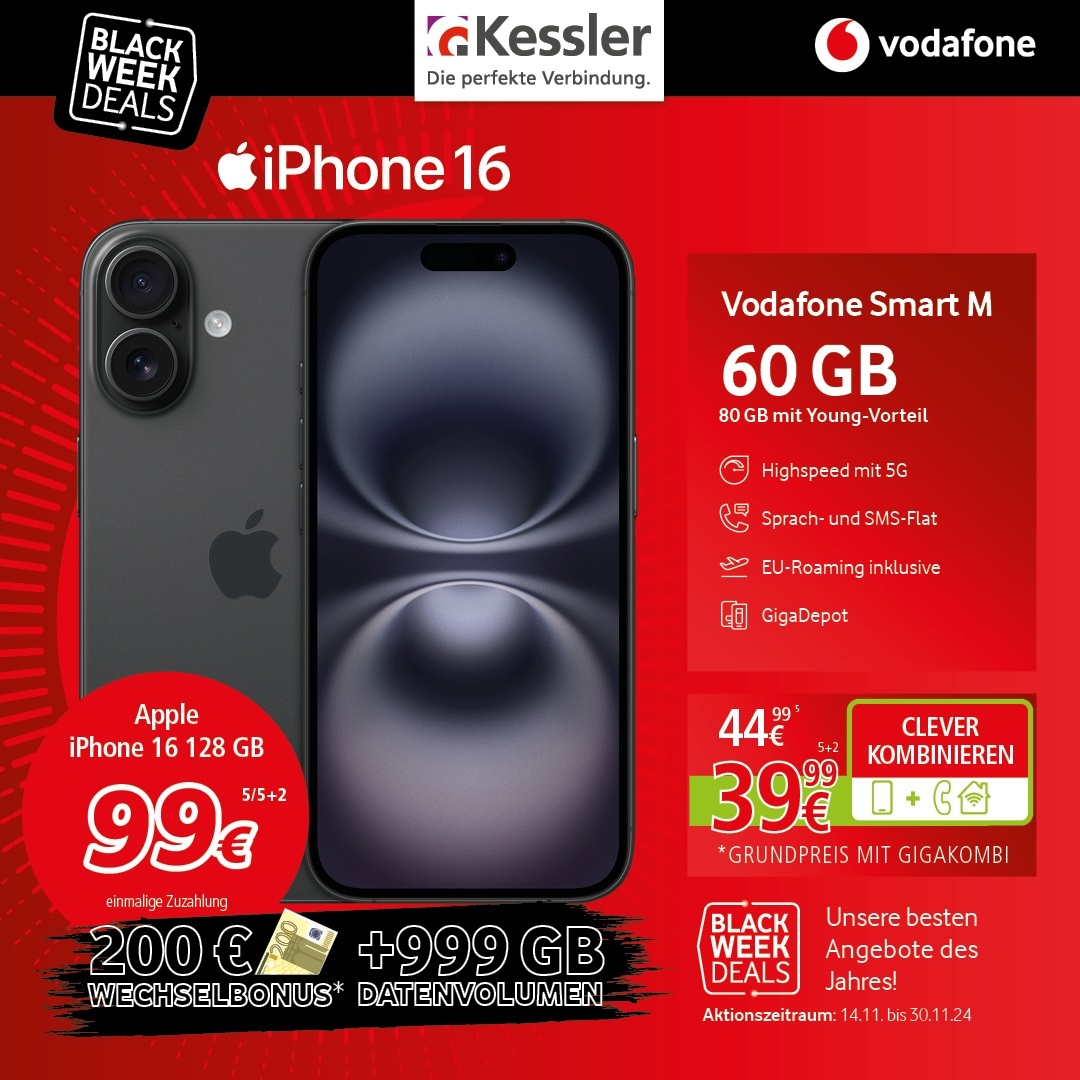 Black Week: Vodafone Smart M mit IPhone 16 128GB