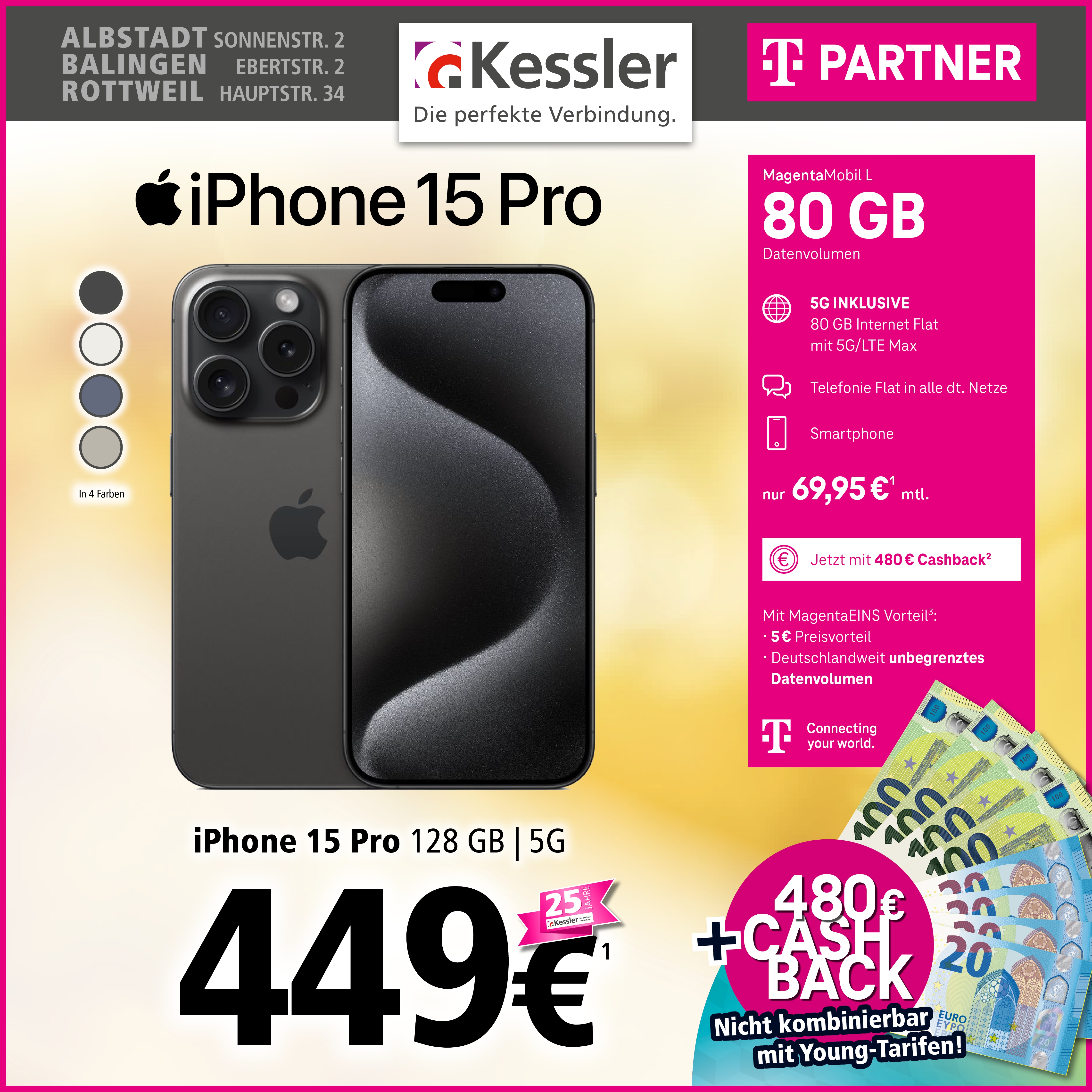 MagentaMobil L mit IPhone 15 Pro und Cashback