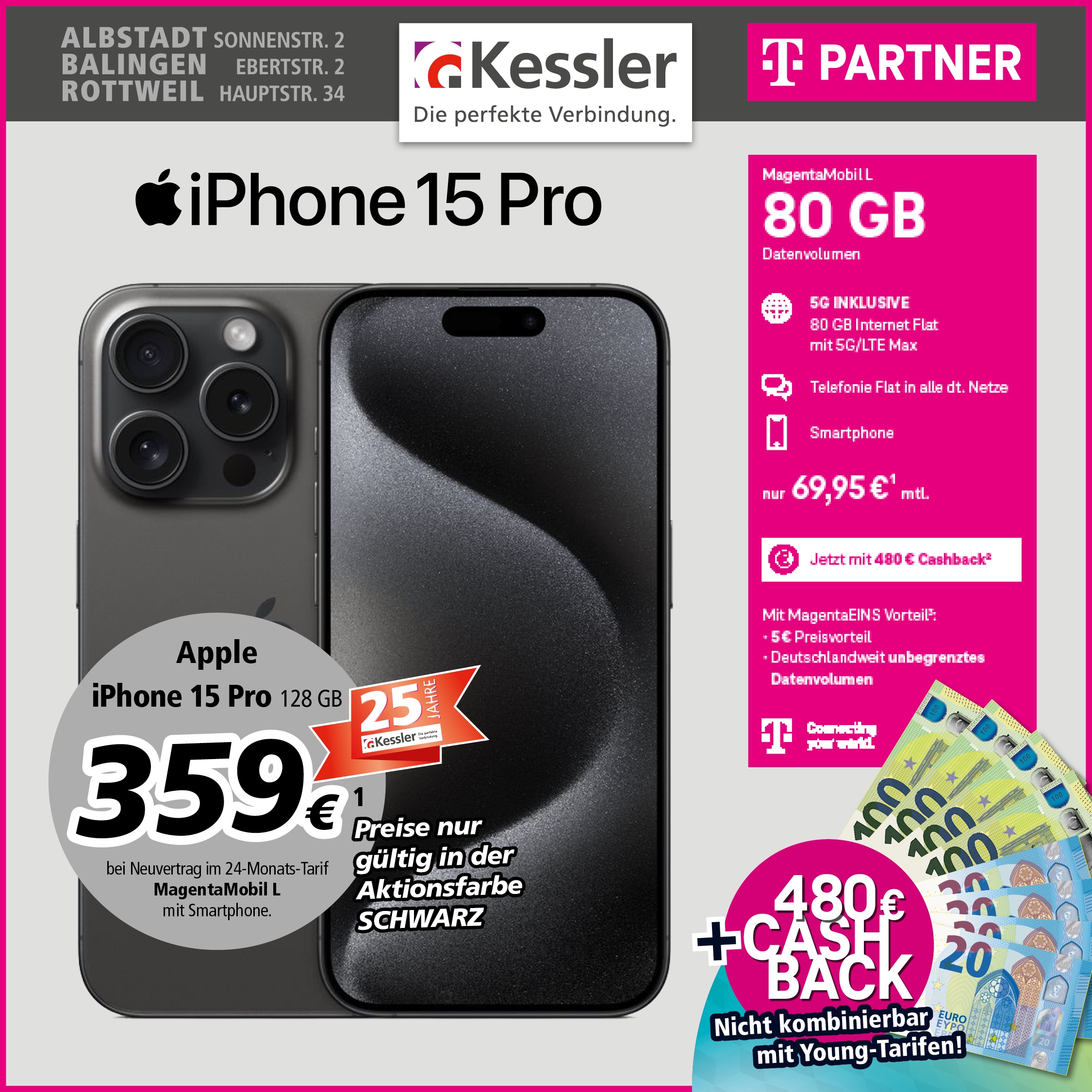 MagentaMobil L mit IPhone 15 Pro und Cashback